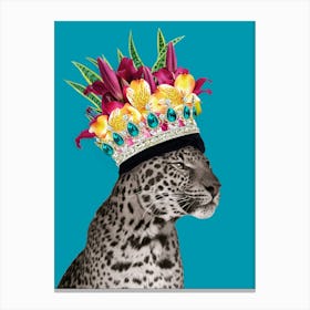 Royal Leopard Wearing Floral Crown In Blue Canvas Print