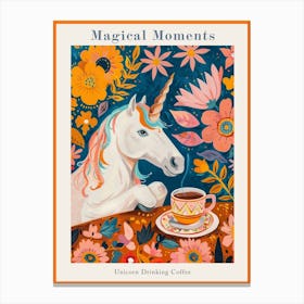 Floral Fauvism Style Unicorn Drinking Coffee 3 Poster Canvas Print