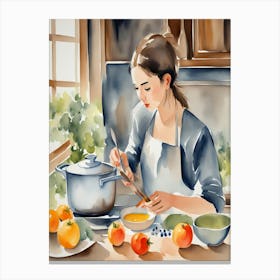 Watercolor Of A Woman Cooking Canvas Print
