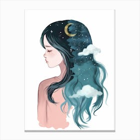 Girl With Moon And Clouds Canvas Print