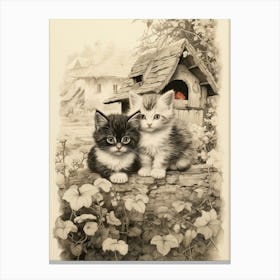 Cue Kittens Sepia With Flowers Outside Medieval Barn With A Spot Of Colour Canvas Print