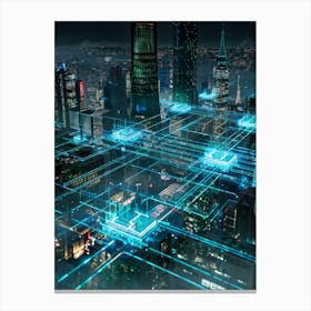 A Futuristic Cityscape Interconnected By Glowing Cyber Security Mesh Networks Represented By Pulsat (3) Canvas Print