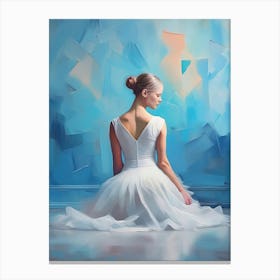Ballerina With A White Dress Sitting On The Floor Posing In Front Of Blue Wall Canvas Print