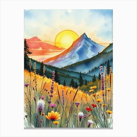 Watercolor Of Mountains And Wildflowers Canvas Print