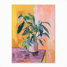 Still Life Of A Potted Plant On A Mauve Table Against Yellow Background Canvas Print