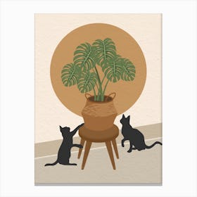 Vintage minimal art Two Cats Playing With A Potted Plant 1 Canvas Print