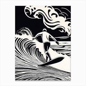 Linocut Black And White Surfer On A Wave art, surfing art, 1 Canvas Print