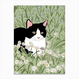 Tuxedo cat chilling on a prairie full of daisies illustration - into the garden Canvas Print