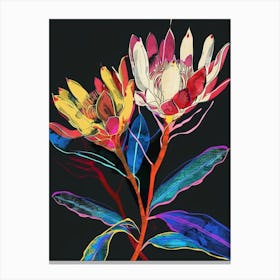 Neon Flowers On Black Protea 2 Canvas Print