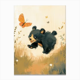 American Black Bear Cub Chasing After A Butterfly Storybook Illustration 2 Canvas Print