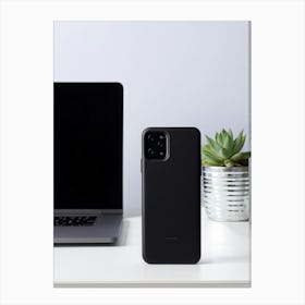 Black Leather Phone Case Matte Texture Stands Out Against Minimal Workspace White Lacquered Desk Canvas Print