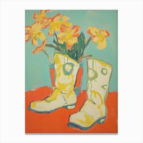 Painting Of Yellow Flowers And Cowboy Boots, Oil Style 6 Canvas Print