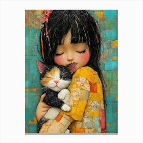 Little Girl Hugging A Cat Canvas Print