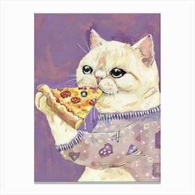 White Cat Pizza Lover Folk Illustration 2 Canvas Print