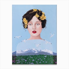 Lady Surrealist With Mountain And Seagulls Canvas Print