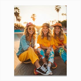 A Joyous Group Of Three Caucasian Female Skateboarders Hipster In Style Smiling Radiantly Sitting (2) Canvas Print