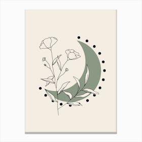 Boho Moon And Line Flowers in Black and Sage Green Canvas Print