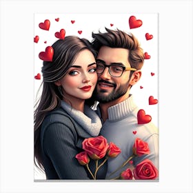 Couple Hugging With Roses Canvas Print