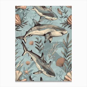 Pastel Blue Squatina Genus Shark Watercolour Seascape Pattern 2 Canvas Print