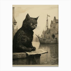 A Cat Reading A Book At The Shipyard Sepia Etching Canvas Print