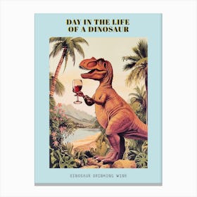 Dinosaur Drinking Wine Retro Collage 3 Poster Canvas Print