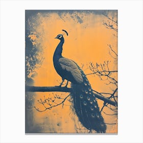 Vintage Orange & Navy Blue Peacock On A Tree Branch 1 Canvas Print