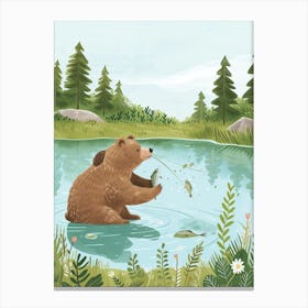 Brown Bear Catching Fish In A Tranquil Lake Storybook Illustration 1 Canvas Print