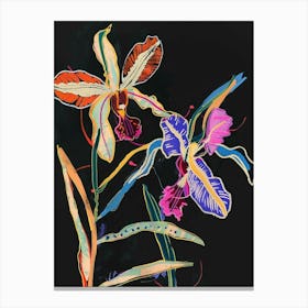 Neon Flowers On Black Monkey Orchid 4 Canvas Print
