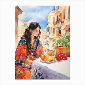 At A Cafe In Cartagena Spain 2 Watercolour Canvas Print