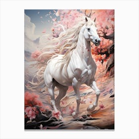 White Horse In Cherry Blossoms Canvas Print