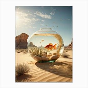 Giant Fishbowl In A Windswept Desert Elephant Sized Goldfish Gracefully Swimming Cacti With Subtle Canvas Print