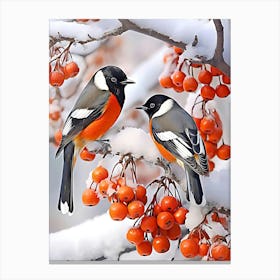 Two Birds Perched On Berries Canvas Print