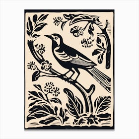 B&W Bird Linocut Magpie 5 Canvas Print