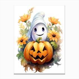Cute Ghost With Pumpkins Halloween Watercolour 110 Canvas Print