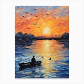 Ducklings In The Sunset With A Fishing Boat Impressionism Painting 2 Canvas Print