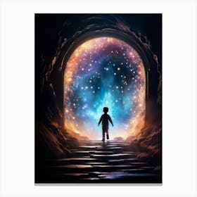 Silhouette Of A Whimsical Child Figure Partways Emerging From A Swirling Portal Polychrome Particl Canvas Print