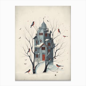 Bird House Winter Snow Illustration 3 Canvas Print