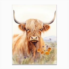 Grassy Highland Cow Watercolour 1 Canvas Print