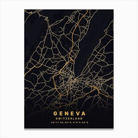 Geneva Switzerland Black And Gold Map Canvas Print