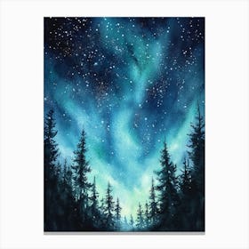 Northern Lights And Starry Sky, Stars And Blue Green Aurora Borealis with Pine Tree Forest, Dark Winter Canvas Print