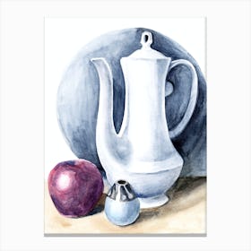 watercolor painting still life kitchen art vertical light grey gray purple white vase jar carafe apple Canvas Print