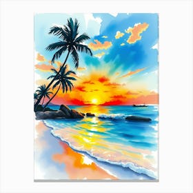 Watercolor Of Sunset On The Beach Canvas Print