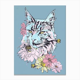 Cute Main Coon Cat With Flowers Illustration 4 Canvas Print