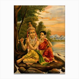 Radha listening to Krishna's flute playing Canvas Print