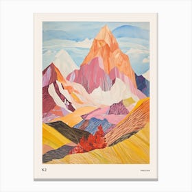 K2 Pakistan Colourful Mountain Illustration Poster Canvas Print