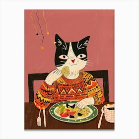 Black And White Cat Eating Pizza Folk Illustration 7 Canvas Print