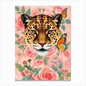 Leopard With Roses And Butterflies Canvas Print