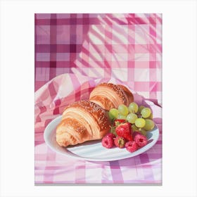 Pink Breakfast Food Bread, Croissants And Fruits 2 Canvas Print