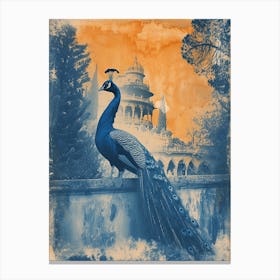 Orange & Blue Peacock With Palace In The Background 2 Canvas Print