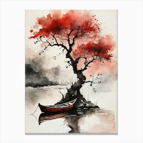 Small Boat Ink Painting Red Canvas Print